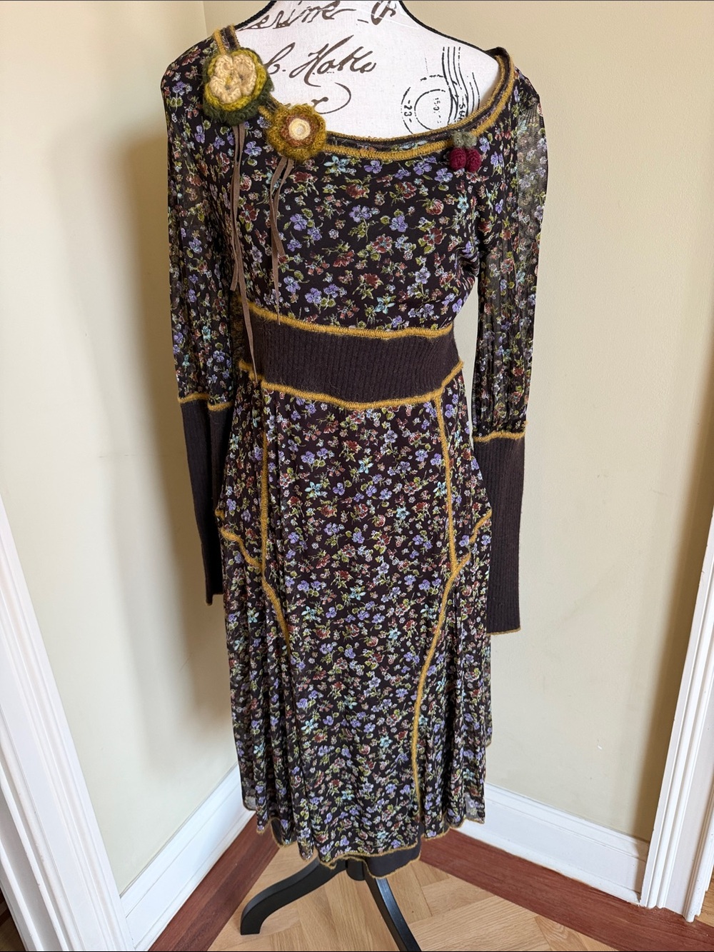 Floral Long-Sleeve Midi Dress Crocheted details with Mustard Trim